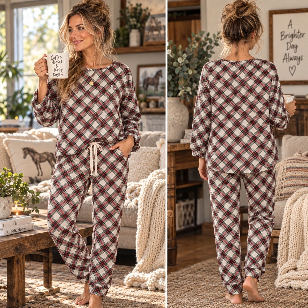 Lauren Ralph Lauren Pajama Set Women XL Red Plaid Long Sleeve Joggers Lounge